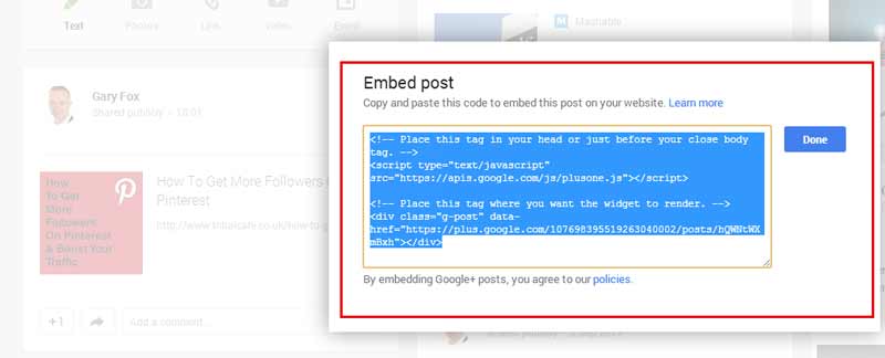 how to embed a google+ post into wordpress